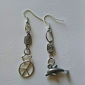 Handmade silver tone dolphin and peace dangle earrings